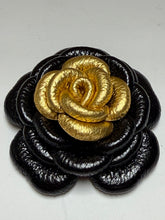 Load image into Gallery viewer, Eclipse Bloom Brooch — Handmade Black &amp; Gold Leather Flower