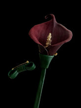 Load image into Gallery viewer, Dark Cherry Calla Lily Leather Brooch – Sculptural Floral Statement Pin