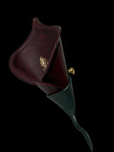 Load image into Gallery viewer, Velvet Nocturne Calla – Handmade Dark Cherry Leather Flower Brooch