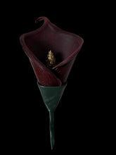Load image into Gallery viewer, Velvet Nocturne Calla – Handmade Dark Cherry Leather Flower Brooch