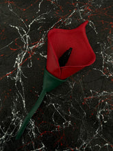 Load image into Gallery viewer, Crimson Noir Calla — Handmade Leather Flower Brooch
