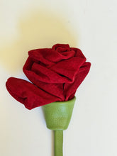 Load image into Gallery viewer, Crimson Elegance Long Rose Brooch – Handmade Leather Statement Piece