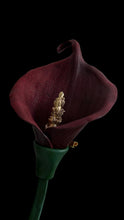 Load image into Gallery viewer, Dark Cherry Calla Lily Leather Brooch – Sculptural Floral Statement Pin