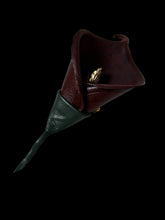 Load image into Gallery viewer, Velvet Nocturne Calla – Handmade Dark Cherry Leather Flower Brooch