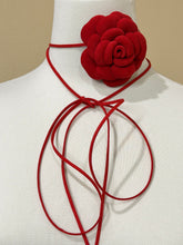 Load image into Gallery viewer, Red Camellia Tie | Convertible Suede Floral Accessory